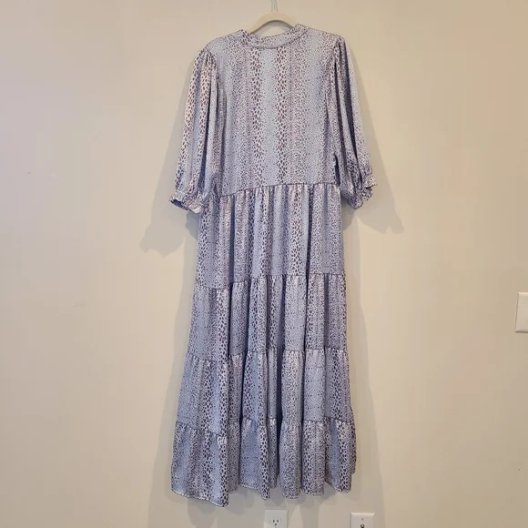 KARLIE Icy Blue And Brown Dot Print Satin Oversized Tiered Maxi Dress - Picture 8 of 12